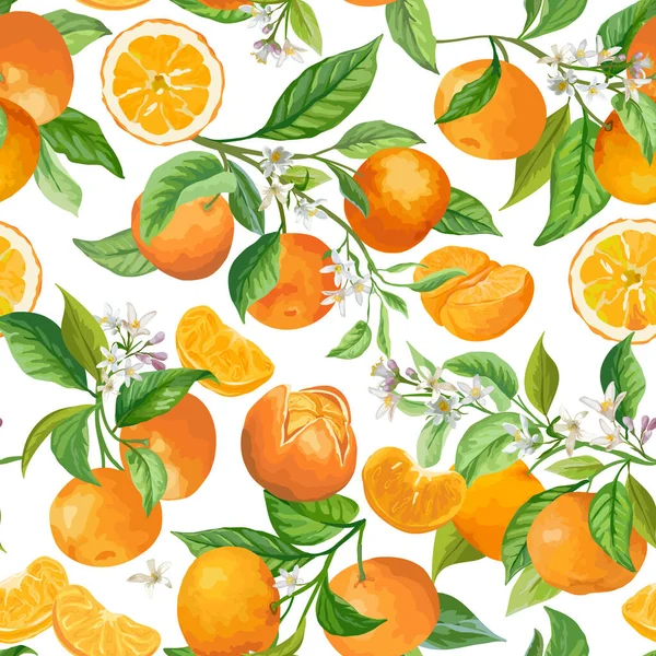 Latar Belakang Floral Mandarin. Pola Buah Tak Berair Vektor, Buah sitrus, Bunga, Daun, Tekstur Cabang Oranye - Stok Vektor