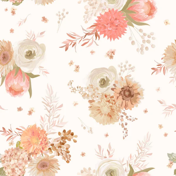 Motivo floreale senza cuciture, fiori secchi pastello dalia, anemone, protea. disegno illustrazione vettoriale, acquerello — Vettoriale Stock