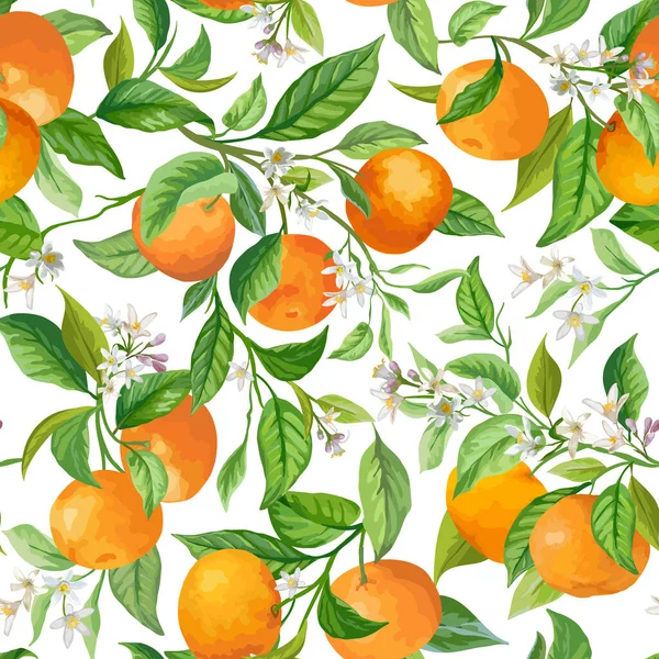 Mandarijn Fruit Naadloos Tropisch Patroon, Kleurrijke Vector Sappige Citrusvruchten, Bladeren, Bloemachtergrond, Jungle — Stockvector