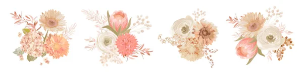 Bouquets de fleurs pastel aquarelle Design. Fleurs vectorielles, rose blanche, hortensia de mariage, ranunculus, anémone — Image vectorielle