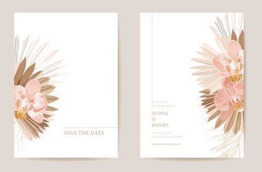 Wedding invitation dried tropical palm leaves, orchid flowers card, dry pampas grass watercolor minimal template clipart