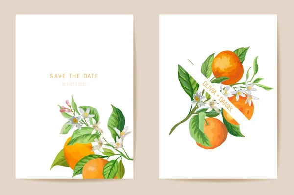 Bruiloft Mandarijn uitnodiging kaart, vintage Save the Date botanische citrus template, ontwerp aquarel illustratie — Stockvector