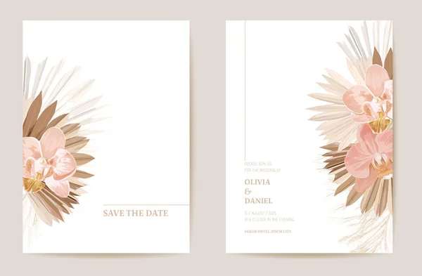 Invitation de mariage feuilles de palmier tropical séchées, carte de fleurs d'orchidée, herbe de pampas sec aquarelle modèle minimal — Image vectorielle