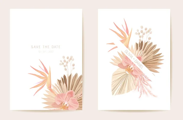 Svatební pozvánka sušené tropické palmové listy, orchidej květiny karta, suché pampas tráva akvarel šablony — Stockový vektor
