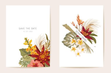 Düğün davetiyesi kurumuş tropikal palmiye yaprakları, egzotik kuru çiçek kartı, tropik suluboya şablonu.