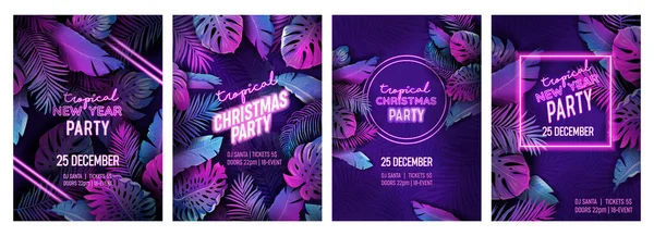 Conjunto de folleto de neón de fiesta de Navidad tropical, cartel de vacaciones de año nuevo vector vibrante. Disco monstera diseño de hojas de palma — Vector de stock