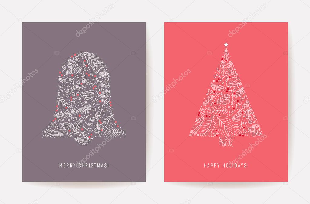 Ornate Christmas tree holiday card, Xmas bell pine branch vector illustration. Winter symbol vintage design