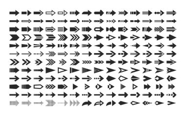 Farklı tasarım siyah-beyaz elementlerin geometrik okları ve işaretleri minimal izole edilmiş sette. Yönlendirme sembolleri, kullanıcı arayüzü şarkıları doğrudan ileri ve sağ vektör illüstrasyonuna döndü