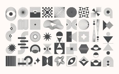 Soyut estetik fütüristik orta yüzyıl monokromsu baskı elementleri geometrik şekilli, dinamik görsel efekt, optik ilüzyon vektör ilüstrasyonu çağdaş çizgi sanat tarzında izole edilmiş.