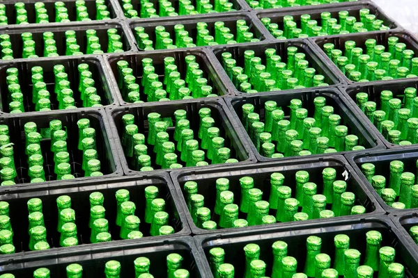 Grupo Garrafas Verdes Caixas Cerveja — Fotografia de Stock