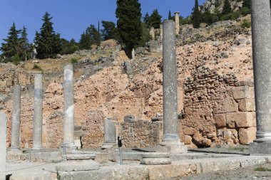 Yunanistan 'ın Parnassus Dağı' ndaki bir arkeoloji sahası olan Delphi 'deki harabeler. Delphi, Apollo 'ya adanmış tapınaktaki kahin tarafından meşhurdur. UNESCO Dünya Mirası