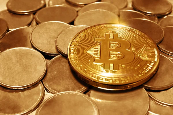 Mucchio Monete Bitcoin Oro — Foto Stock