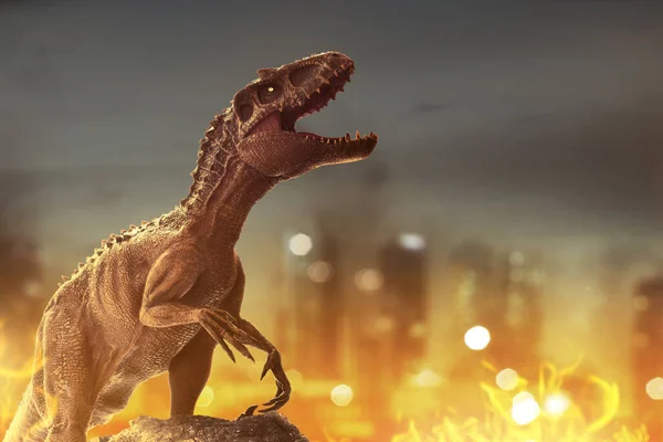 Dinozor Tyrannosaurus Rex Şehri Yok Etti — Stok fotoğraf