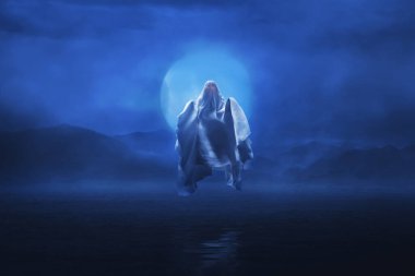 Gölde parlayan kırmızı gözlü, gece dumanlı sis ve dolunay eşliğinde uçan beyaz hayalet örtüsü.