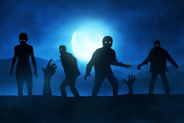 Gece yarısı dolunay ve Cadılar Bayramı temalı zombi insan silueti.