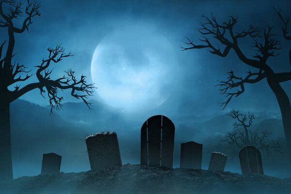 Graveyard with smoke mist fog at night with full moon, Haloween theme