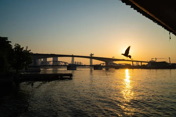 Amanecer con el puente en la mañana . — Foto de Stock