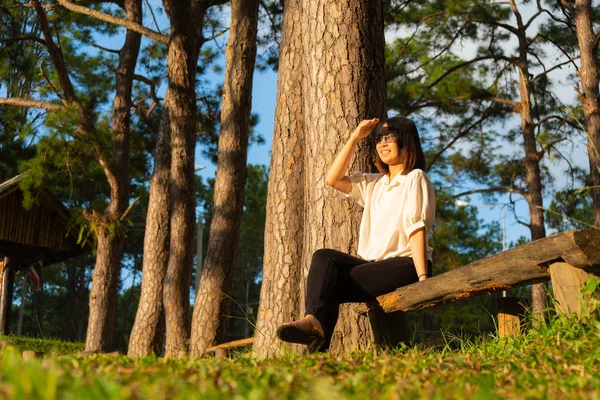 坐在木材上的女人 — 图库照片