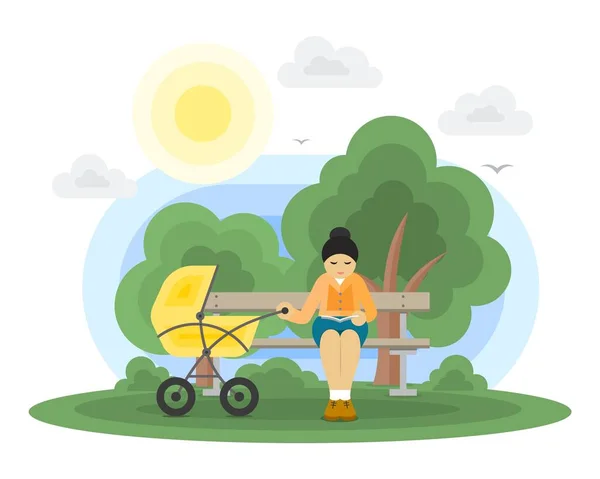 Молода мати з дитячою коляскою в парку — стоковий вектор