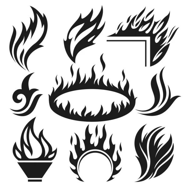 Fuego ardiente e iconos de llama y letreros establecidos — Vector de stock