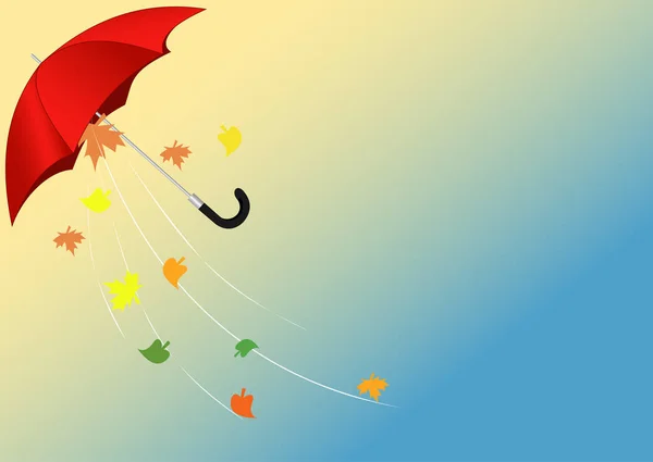 Illustration Ett Rött Paraply Flyger Från Vinden Med Höstlöv — Stock vektor