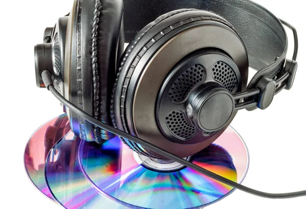 Compact Discs Headphones Close Isolated White Background — Stock Photo, Image