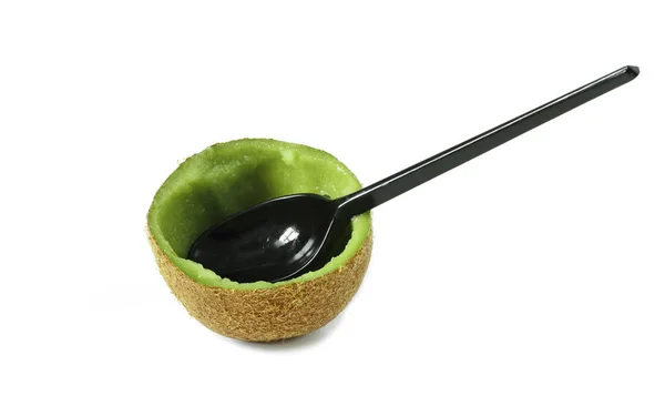 Half Eaten Kiwi Plastic Spoon Isolated White Background — Stock Photo, Image