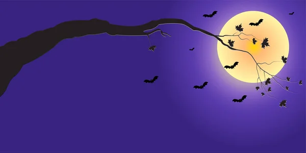 Silhouette of a tree branch and bats in the moonlight — Stock Vector
