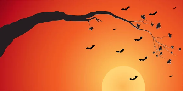 Silhouette di un ramo d'albero e pipistrelli al tramonto — Vettoriale Stock