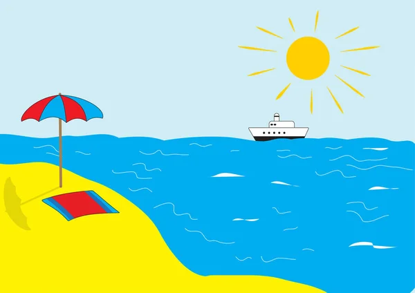 海の太陽と船とタオルと傘のビーチイラスト — ストックベクタ
