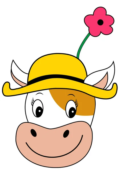 Ilustração Uma Cabeça Vaca Com Uma Flor Chapéu Amarelo —  Vetores de Stock