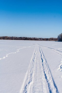 İzlerle dolu karlı tarlalar, kışın ağaçlar, buzlu göl