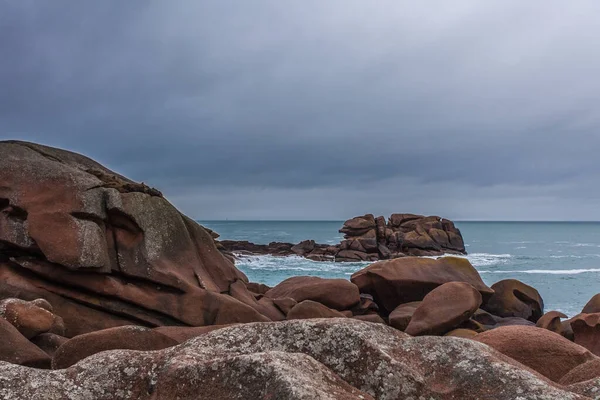 Perros Guirec Ploumanac Lighthouse Mean Ruz Lighthouse Manche Winter Rocks — 图库照片