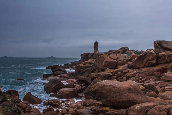 Perros Guirec Ploumanac Lighthouse Mean Ruz Lighthouse Manche Winter Rocks — 图库照片