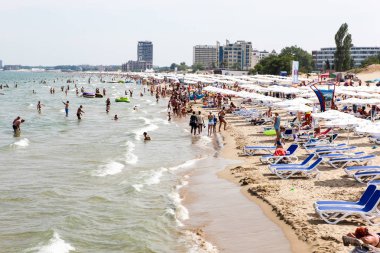 Sunny Beach, Bulgaristan - 26 Haziran 2018: Sunny Beach yaklaşık 35 km Nessebar Belediyesi, Burgaz İli Burgaz kuzeyinde yer alan Bulgaristan Karadeniz sahil, büyük bir tatil beldesi olan.