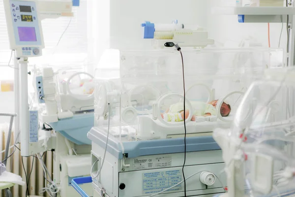 病院のインキュベーターで生まれたばかりの赤ちゃん — ストック写真
