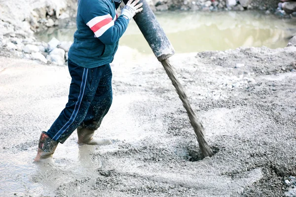 Construction Worker Pouring Cement Concrete Pump Tube — Stock Photo, Image