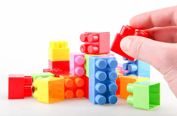 Plastové Barevné Hračky Bloky Bílém Pozadí — Stock fotografie