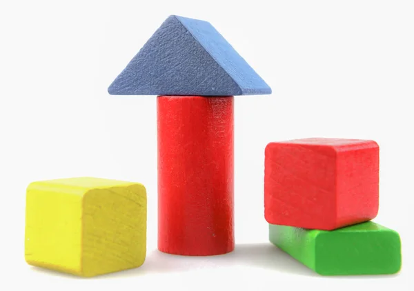 Brinquedos Coloridos Dos Dos Blocos Construção Madeira Isolados Branco — Fotografia de Stock