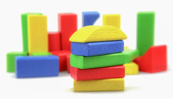 Barevné Dřevěné Stavební Bloky Hračky Izolované Bílé — Stock fotografie