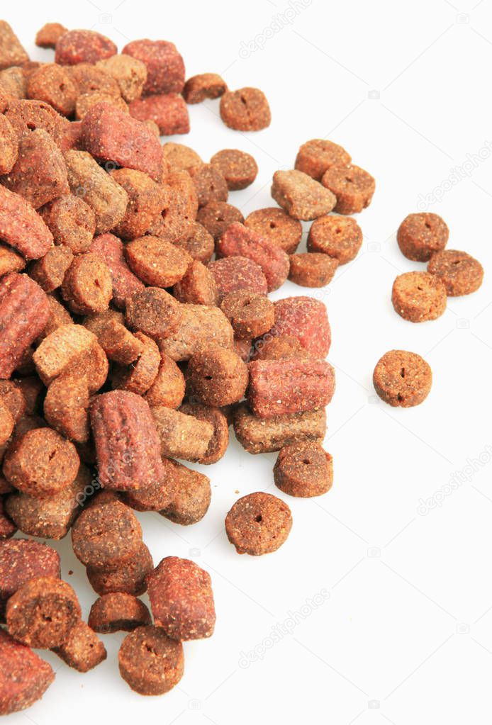 Dried pet food isolated on white background.