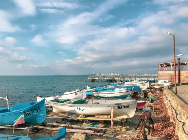 Pomorie Bulgaria Januari 2019 Perahu Perikanan Pelabuhan Kota — Stok Foto