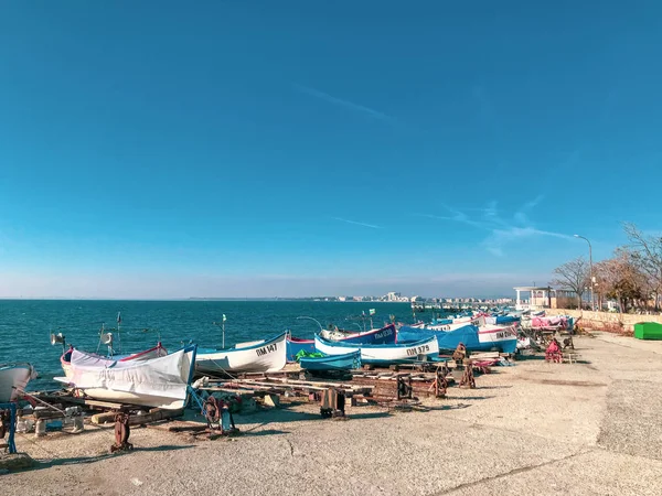 Pomorie Bulgaria Januari 2019 Perahu Perikanan Pelabuhan Kota — Stok Foto