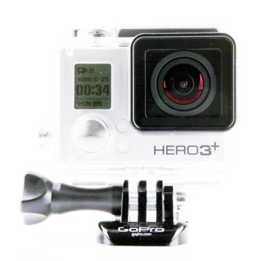 Aytos, Bulgaristan - 15 Ekim 2014: Gopro Hero3 + siyah beyaz arka plan üzerinde izole Edition. GoPro HD kişisel kameralar, genellikle aşırı eylem video fotoğrafçılıkta kullanılan markasıdır..