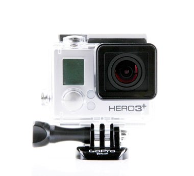 Aytos, Bulgaristan - 15 Ekim 2014: Gopro Hero3 + siyah beyaz arka plan üzerinde izole Edition. GoPro HD kişisel kameralar, genellikle aşırı eylem video fotoğrafçılıkta kullanılan markasıdır..