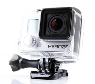 Aytos, Bulgaristan - 15 Ekim 2014: Gopro Hero3 + siyah beyaz arka plan üzerinde izole Edition. GoPro HD kişisel kameralar, genellikle aşırı eylem video fotoğrafçılıkta kullanılan markasıdır..