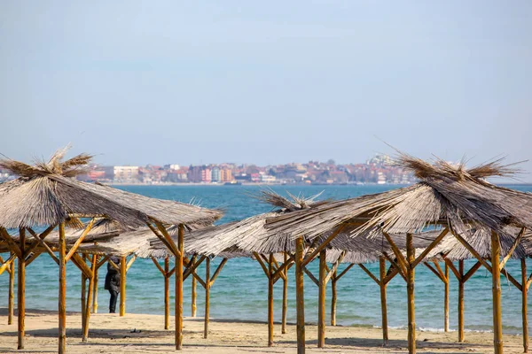 Sonnenschirme Sand Leeren Strand — Stockfoto