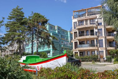 Pomorie, Bulgaristan 'Da deniz kıyısına güzel görünüm.