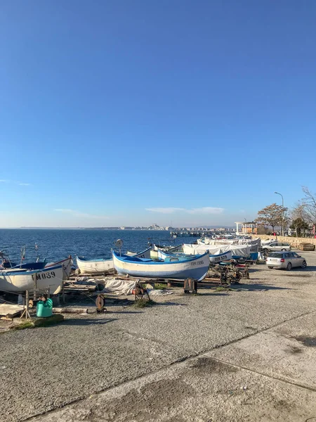 Pomorie Bulgarien Januar 2018 Fischerboote Stadthafen — Stockfoto