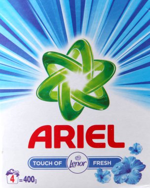 Pomorie, Bulgaria - June 23, 2019: Ariel Is A Marketing Line Of Laundry Detergents Made By Procter & Gamble. clipart